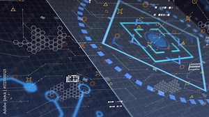 Data conduits emerging driving panel rotation, clusters forming, nodes joining to show network flow