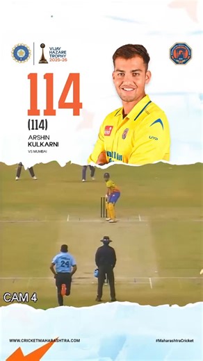BIG HUNDRED. PURE CLASS. 💥 Arshin Kulkarni delivers a sensational 114 vs Mumbai in the Vijay Hazare Trophy! #mcacricket #mahacricket #teammaharashtra #vijayhazaretrophy | Maharashtra Cricket Association - MCA