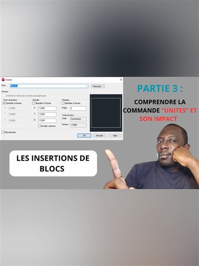 📐 Partie 3/6 : COMPRENDRE ET BIEN PARAMÉTRER LES UNITÉS DANS AUTOCAD Étude de cas : IMPACT DE LA COMMANDE « UNITES » : 👉 Cas N°3 📌 Dans la vidéo précédente, nous avons vu comment interpréter l’insertion d’un bloc de 50 cm x 50 cm dans les cas où : 1️⃣ Le gabarit est configuré comme suite : unités de longueur en cm ; UNITES ou INSUNITS = 5 = centimètres 2️⃣ Le gabarit est configuré avec les mêmes unités de longueur ; mais avec une unité de mise à l’échelle différente 🎯 Résultats obtenus : ✅ C