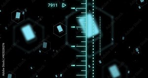 Digital data processing animation with hexagons and numbers over dark background