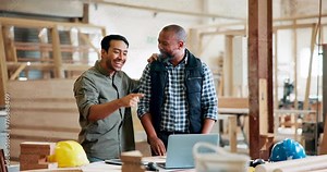 Carpenter, embrace and celebration for business, building and startup collaboration. Handyman, workshop and partnership for manufacturing, deal or maintenance or renovation with lumber for project