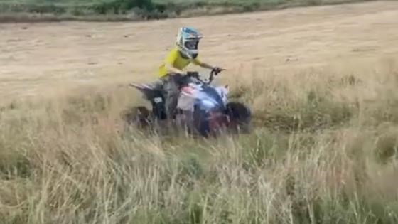 Little boy rides quad smoothly until a jump sends him into a fall