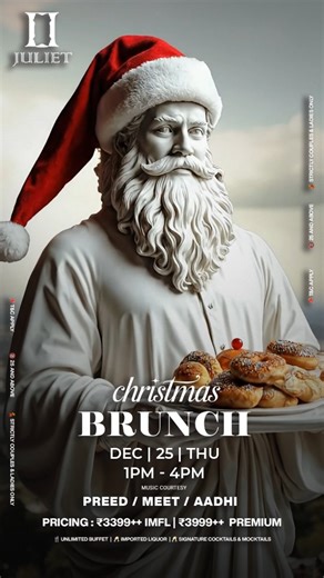 This Christmas, brunch gets a grand upgrade at Juliet. 🎄✨ Think festive flavours, indulgent pours, and an atmosphere that feels warm, elegant, and celebratory — all set against a stunning city view. From a lavish unlimited buffet to signature cocktails and imported spirits, this is where Christmas afternoon plans feel just right. Add the beats by Preed, Meet & Aadhi, and you’ve got a brunch worth dressing up for. 🗓️ Dec 25 | Thursday | 1 PM – 4 PM 🍽️ Unlimited Buffet 🥂 Imported Liquor, Signa