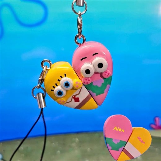 Personalised Handmade Magnetic Best Friend Keychain/charm, Personalised Name on Back—two Halves One Heart, Spongebob & Patrick Inspired - Etsy