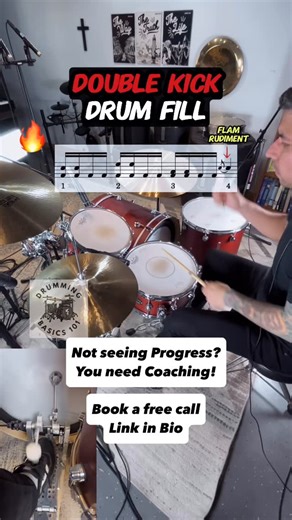 Irving Osuna | Drum Coach on Instagram: "Want to learn double kick drums for beginners? 🥁 This step-by‑step tutorial breaks down fast foot coordination, essential warm‑up exercises, and groove patterns that’ll get your double kick technique sounding clean and powerful. Perfect for aspiring metal, rock, or funk drummers!⁣ ⁣ ✅ Start with slow tempo bursts ✅ Focus on right‑left foot control ✅ Add limb independence drills⁣ ⁣ If you’re serious about improving your double bass coordination, try this 