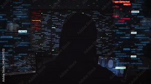 Male Hacker in Casual Hooded Jacket on Chair Hacking Futuristic System. Animations Playing in Several Holographic Screens. Cybersecurity Keywords and Binary Code Animations, Security Breach.