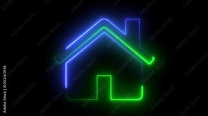 Home icon animation by blue-green color neon on black background.
