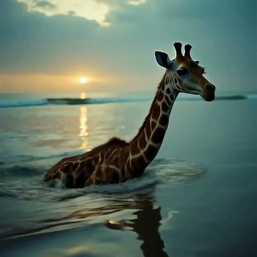 Giraffe swimming in the sea at sunset