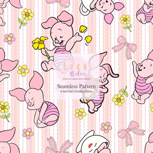 Pink Pig Seamless Pattern, Pastel Stripe Cartoon, Nursery Fabric (digital Download) - Etsy