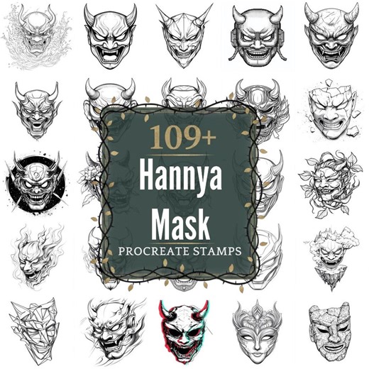 Hannya Mask Procreate Stamps | Pngs | 109+ Detailed Illustrations (digital Download) - Etsy