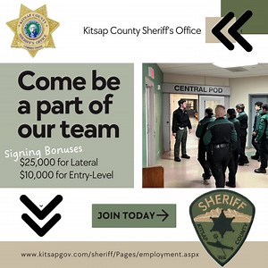 The Kitsap County Sheriff's Office has some amazing career opportunities. Have you ever considered becoming a corrections officer? Come join our team and make a difference in your community. We have signing bonuses for lateral and entry-level corrections officers. Our corrections officers have a great work-life balance. Their work schedule allows them to have 4 to 5 day weekends. As a new hire, you will get 6 months of advanced paid vacation and sick leave. You also get incredible benefits, such