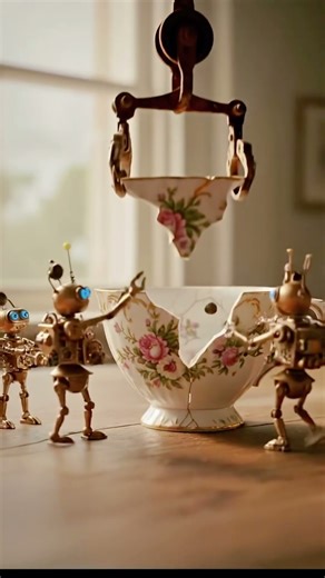 🤖 Golden Robots Repairing a Porcelain Cup 🍵