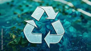 A prominent recycling symbol appears above a body of water contaminated with plastic debris, emphasizing the urgent need for environmental protection and sustainable practices.