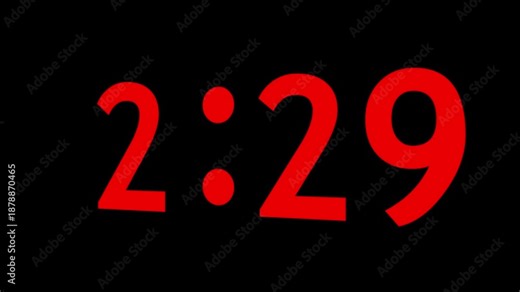 Digital countdown timer animation with changing minute and second values. Numeric time display for short duration and fast action moment. Countdown clock element for event start and timing use.