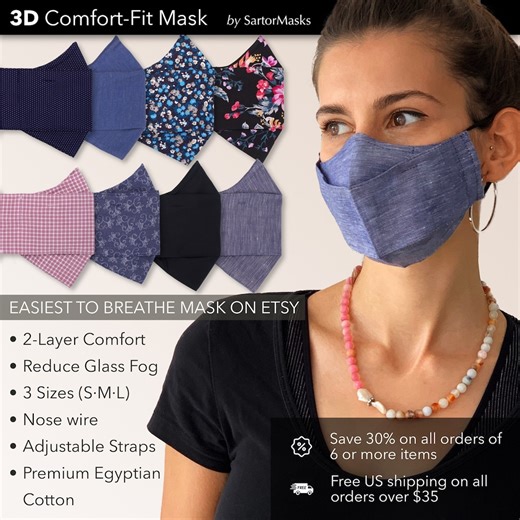 Easy Breathe 3D Face Mask | No Fog Design | Premium Egyptian Cotton | USA Made | Ships in 1 Day From New York City - Etsy