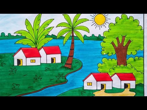 How to draw Easy Scenery Drawing | Drawing Village Scene Drawing | Village house scenery drawing