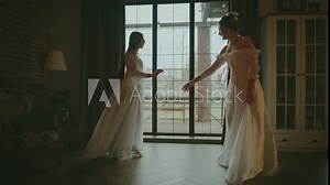 Two Happy women dancing spinning in classic room fun joy joyful smiling face Fairy tale bride adult girls beauty noble woman lady. royal home white vintage dress long ball gown old style themed party