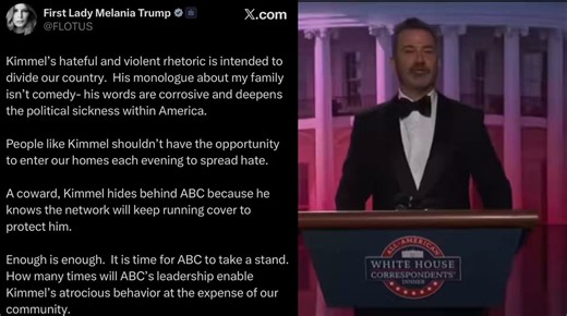 🚨 JUST IN: First Lady Melania Trump GOES HARD against Jimmy Kimmel joking her husband President Trump would die, and she’d be made a widowShe’s demanding ABC TAKE ACTION. TAKE HIM OFF THE AIR“A coward, Kimmel hides behind ABC because he knows the network will keep running cover to protect him.Enough is enough.  It is time for ABC to take a stand.  How many times will ABC’s leadership enable Kimmel’s atrocious behavior at the expense of our community.”