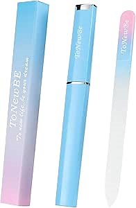 Glass Nail File in Case, Glass Fingernail File, Czech File, Double-Sided Etched Nail File for Nail Art & Nail Care, Christmas Gifts Stocking Stuffers (Pink-Blue)