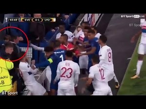 Video Everton fan attacking Lyon goalkeeper carrying a child