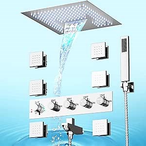 Thermostatic Shower System, 16” Ceiling LED Rain Shower System with Body Jets, Luxury Smart Rainfall Full Body Shower System with Rain Shower and Handheld Can Work Together At Once
