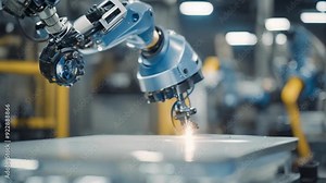 advanced robotics, showing an industrial robot arm assembling components with precision