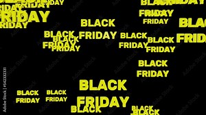Yellow black friday text fall down isolated on black background for promo, looped 3d render. Concept of discounts, sales, seasonal promotions, shopping 1111.