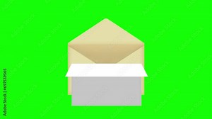 4K animation of opening an envelope and opening the paper inside ( green background for chroma key )