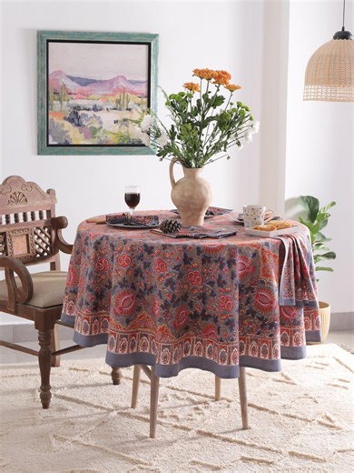 Grey Block Printed Round Tablecloth, 90" Inch Tablecloth, French Round Tablecloth, Floral Round Dinning Tablecloth, Wedding Table Decor - Etsy