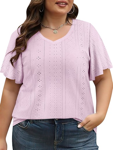 VDJ Women Dressy Tops Summer Short Sleeve Plus Size Casual Light Weight Oversize Fashion Pink Blouses Size 3XL