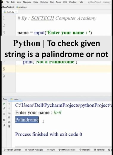 Python Program | To check given string is a palindrome or not, without using string method. #softech
