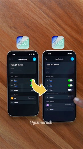 Gizmo Rush on Instagram: "iOS 26.2 lets you set alarms for Urgent reminders on iPhone . . . #ios262 #ios26 #ios #iphone #viralvideoシ"