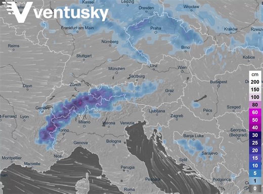 ℹ A significant amount of moisture is currently flowing from the Atlantic into Europe, bringing heavier precipitation to France and parts of the Mediterranean. In contrast, significant snowfall is expected in the Alps in the coming days, with up to 70 cm of new snow possible and locally even higher totals. Follow the forecast on Ventusky: https://www.ventusky.com/snow-cover-map/new-from#p=45.9;16.0;4&t=20260217/12&src=link&m=icon | Ventusky