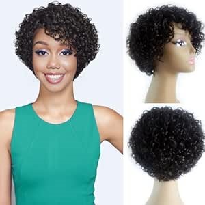 Short Curly Human Hair Wigs for Black Women 8 Inch Glueless Bob Pixie Cut Wig Side Part Curly Wig with Bang Curly Brazilian Remy Hair No Lace Front Natural Color