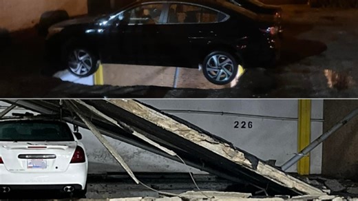 Car hangs by bumpers after parking deck collapses onto underground garage