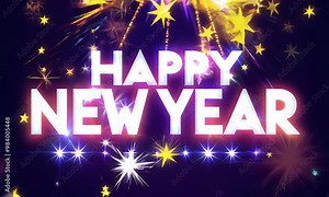 Happy New Year text in flat design with animated sparkles and tiny stars flickering on a dark backdrop