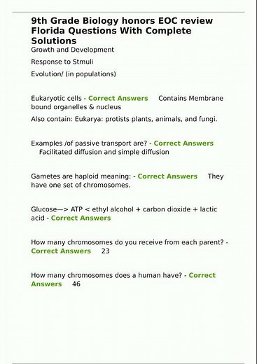 9th Grade Biology honors EOC review Florida Questions With Complete Solutions