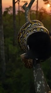 At dusk in a shadowy Southeast Asian rainforest canopy, a startled Binturong turns toward the camera, white-tipped ears flaring and dark fur rim-lit by fading light, just as a massive Reticulated Python uncoils from above in a sudden strike. The snake’s patterned body crashes onto the branch, wrapping around the thick black form in an instant, scales and fur twisting together as both animals grapple for balance high above the forest floor. The Binturong bites and claws while anchoring itself wit