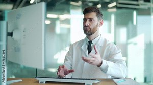 doctor advises patient online via video call using computer webcam. Remote consultation with a physician man talking chat with colleagues Telemedicine, telehealth meeting or conference. modern office