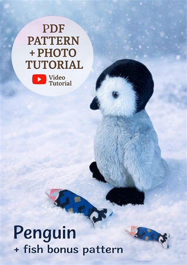Penguin Sewing Pattern PDF Easy Plush Toy 20cm Beginner Tutorial With Bonus Fish Pattern - Etsy Canada