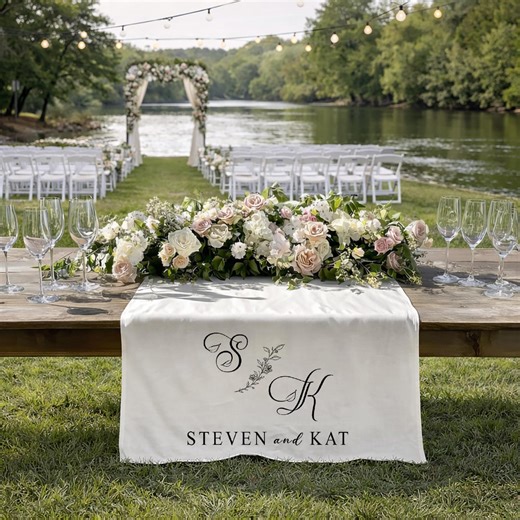Personalized Monogram Wedding Table Runner, Custom Initials & Names, Minimal Botanical Crest, Sweetheart Head Table Decor, Reception Linen - Etsy