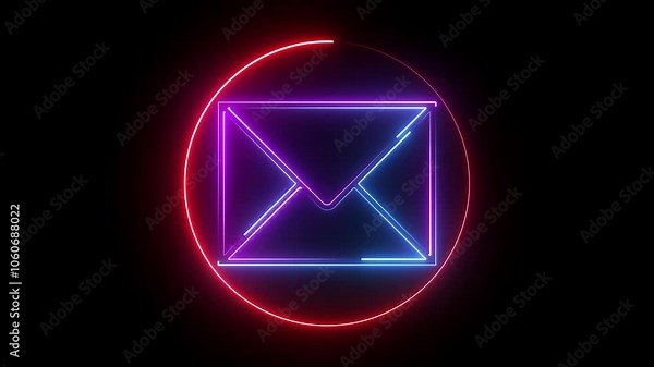 The neon shine email icon glows in vibrant shades of blue and pink, featuring an envelope design with sleek lines. It symbolizes communication, connectivity. Stock Video