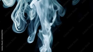 A thick, white smoke slowly swirling and billowing against a pitch-black background. The smoke moves in a graceful, fluid motion, creating intricate patterns and tendrils as it rises