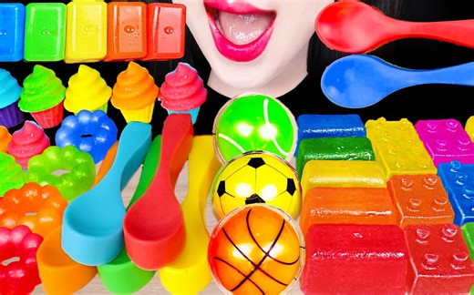Jane ASMR rainbow dessert, edible spoon, jelly 吃彩虹 零食 糖