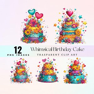Whimsical Birthday Cake Clipart PNG, Colorful Fantasy Cake With Flowers and Hearts, Digital Download - Etsy