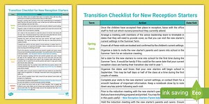 Transition Checklist for New Reception Starters