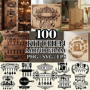 Kitchen Monogram SVG Bundle | Rustic Cooking Wall Art Designs, Cutting Board Engraving Files, Farmhouse Kitchen Decor PNG EPS Cricut - Etsy