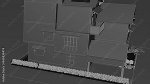 3d Animation of a Generic Classic brick house, Seamless Looped Rotating animation, with brick facade, linework, blueprint