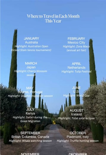 A cheat sheet on where to during each month this year based on notable highlights! Why not make your trips more intentional by planning around a seasonal or cultural event? Save this video to map out your future getaways ✈️ • • #travelinspiration #travelbucketlist #wheretogo #travelplanning #manifesting
