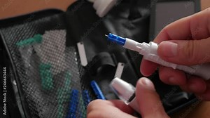 changing needle, lancet in automatic lancing device, glucose Stock Video